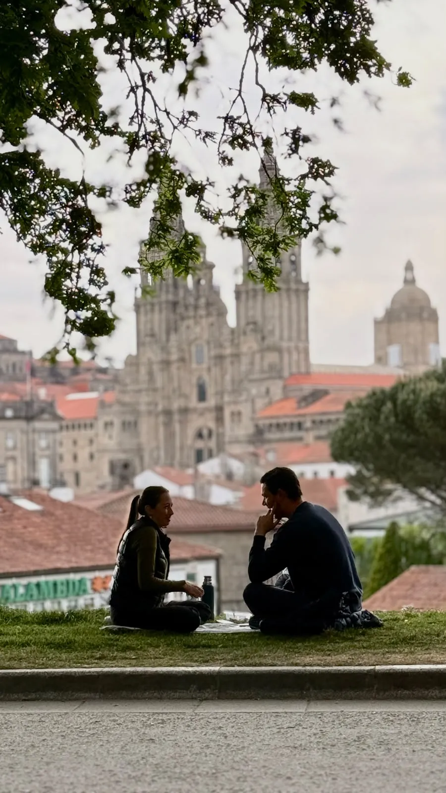 Cata y Sebas sentados en el pasto con la catedral de Santiago de Compostela detrás
